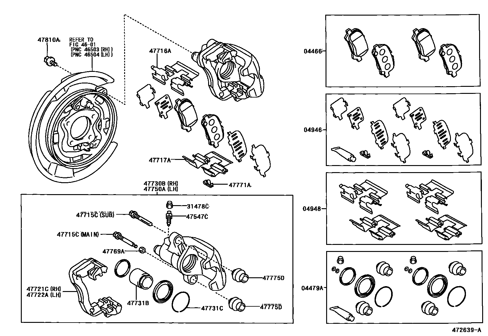 Toyota CAMRY 后盘式制动器卡钳和防尘罩 EPC diagram — 472639A