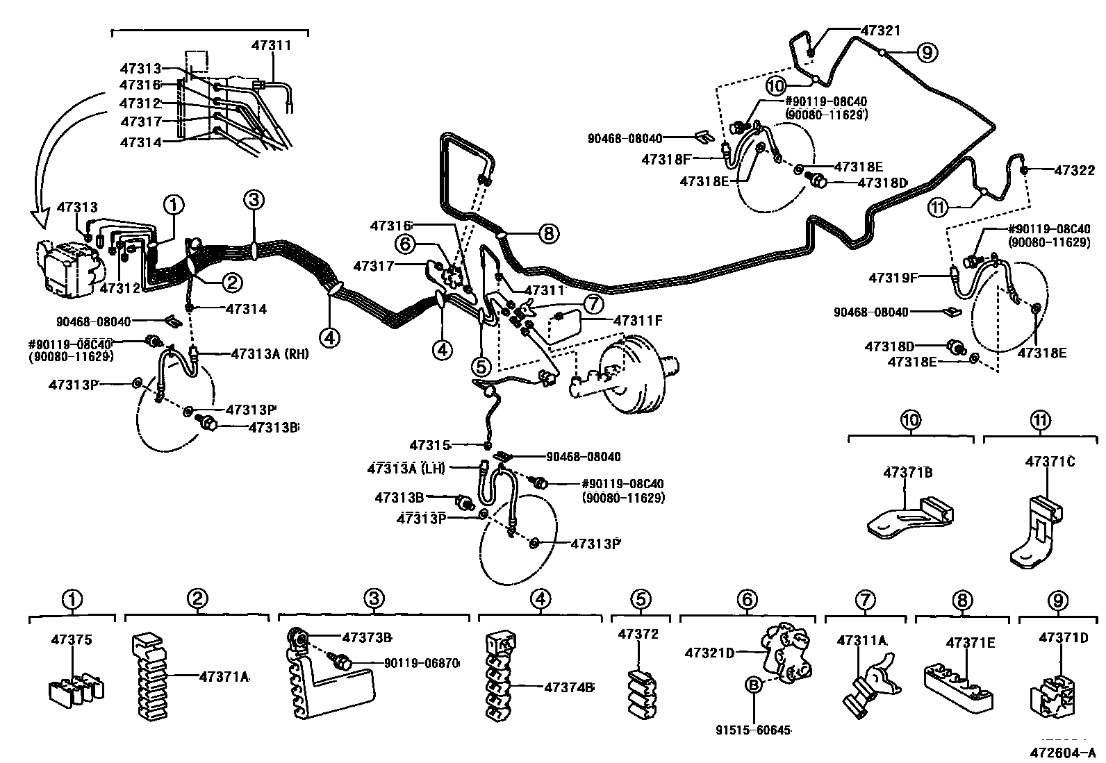 Toyota CAMRY 制动配管和卡箍 EPC diagram — 472604A