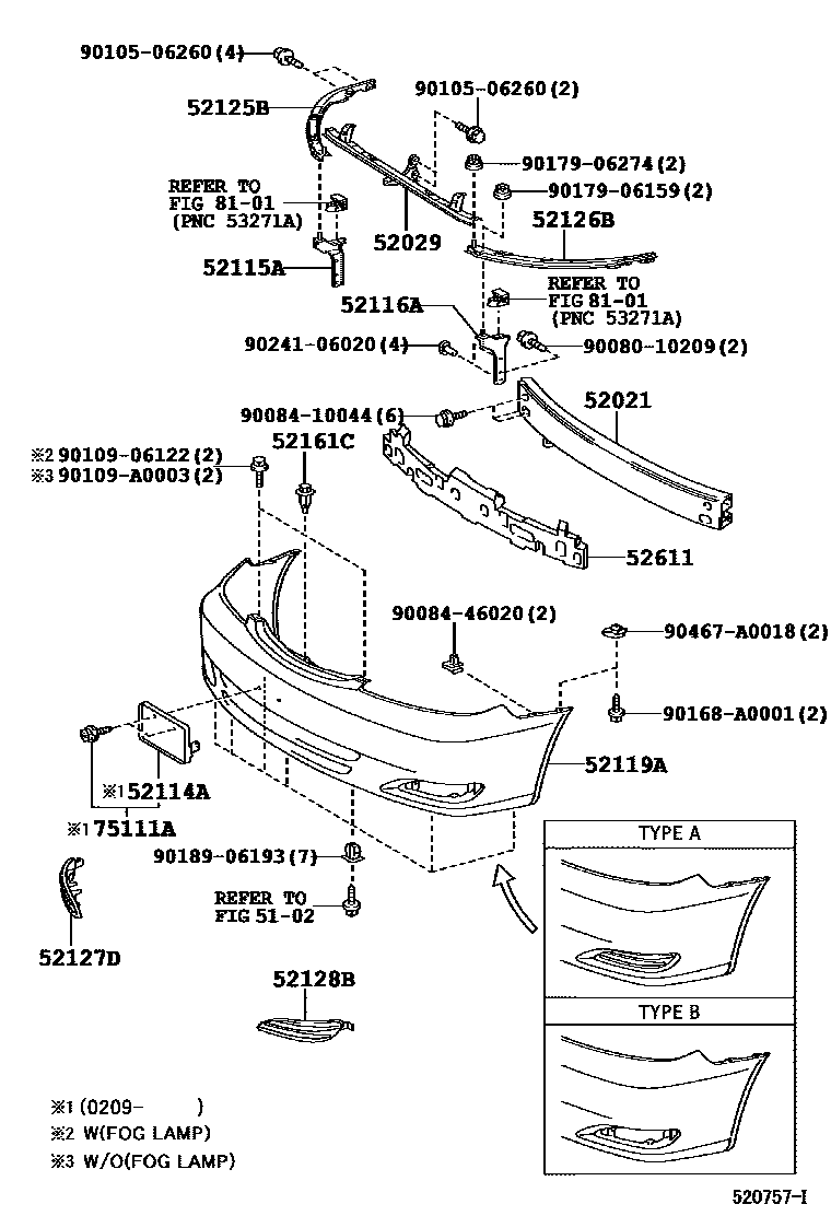 Toyota CAMRY 前保险杠及附件 EPC diagram — 520757I