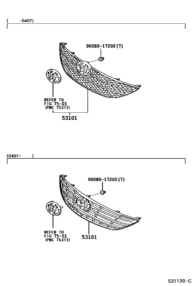 Toyota CAMRY radiator grille EPC diagram — 531120C