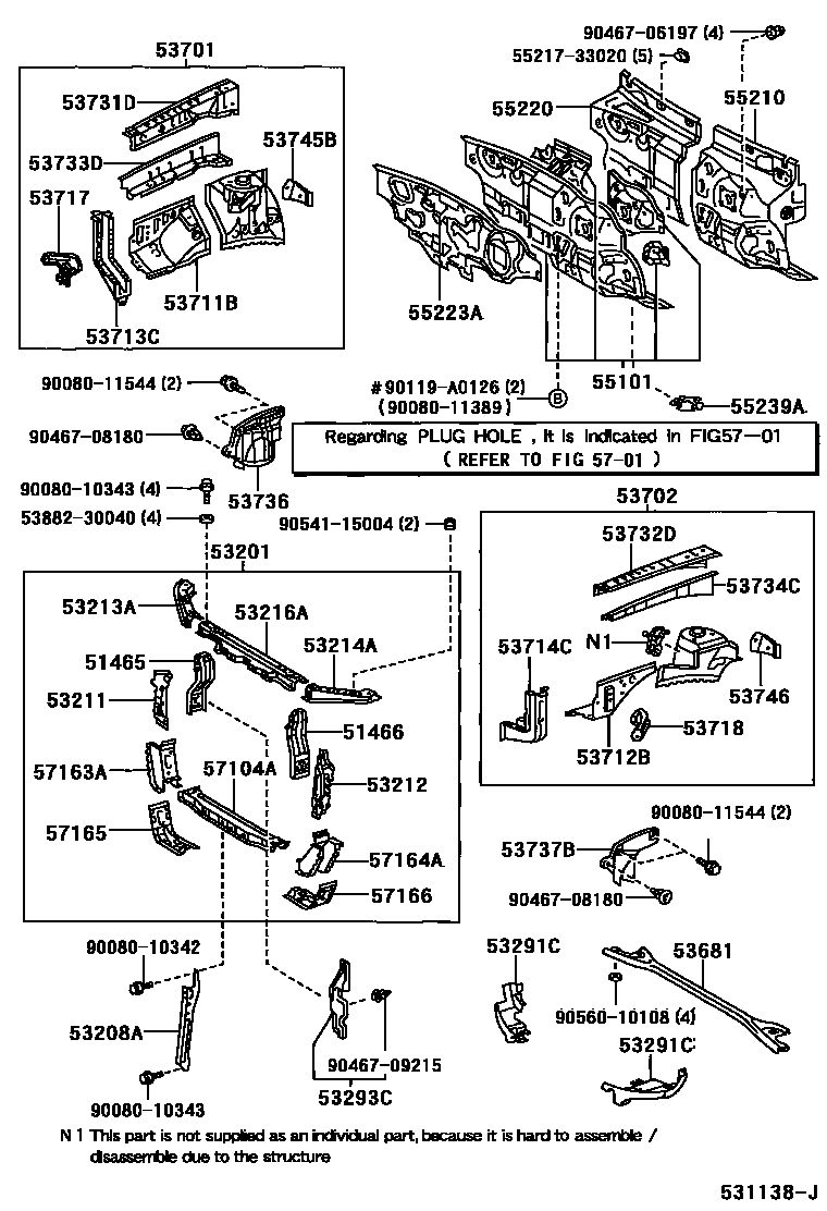 Toyota CAMRY 前翼子板挡泥板和前围板 EPC diagram — 531138L