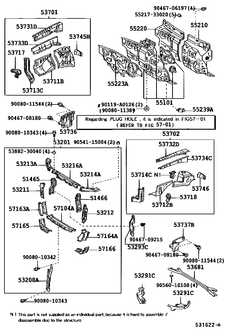Toyota CAMRY 前翼子板挡泥板和前围板 EPC diagram — 531622A