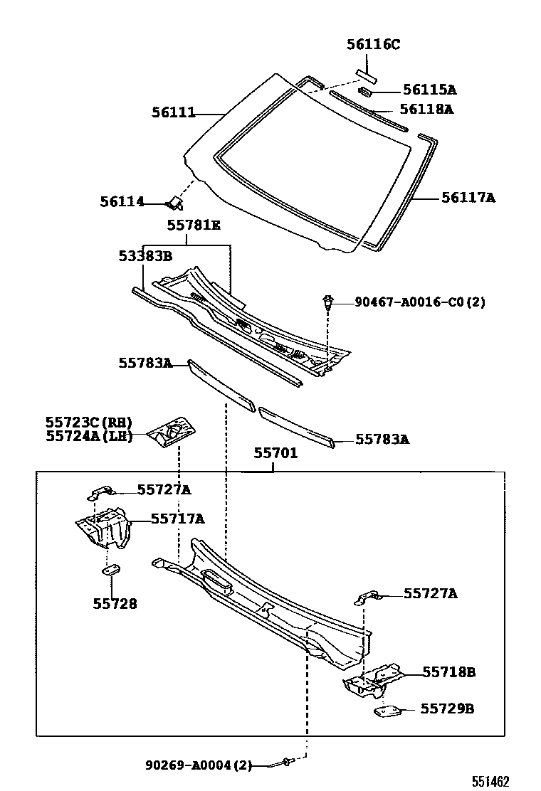 Toyota CAMRY 前围板和挡风玻璃 EPC diagram — 551462