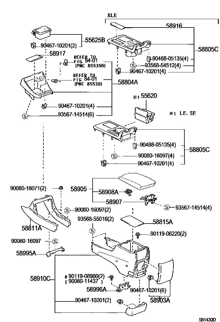Toyota CAMRY 中央扶手箱和支架 EPC diagram — 581430D
