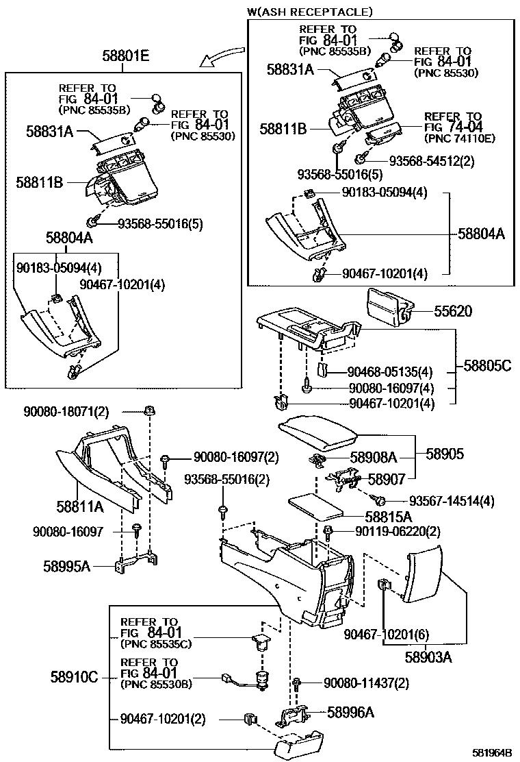Toyota CAMRY 中央扶手箱和支架 EPC diagram — 581964B