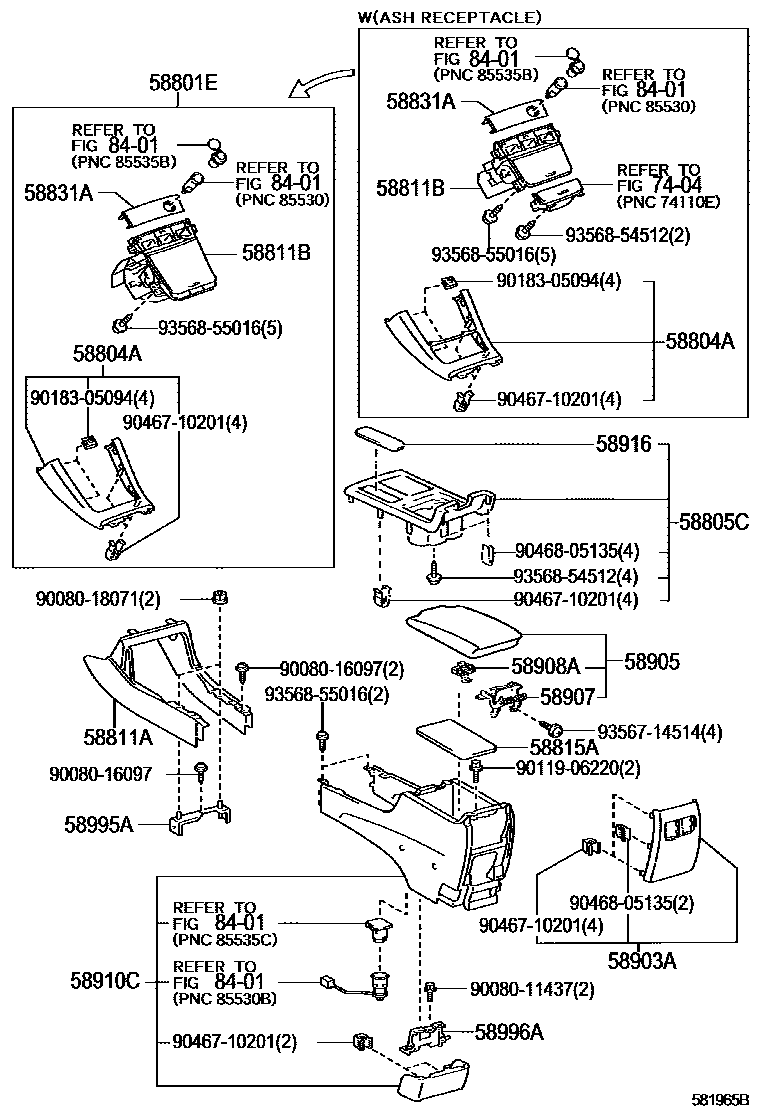 Toyota CAMRY 中央扶手箱和支架 EPC diagram — 581965B