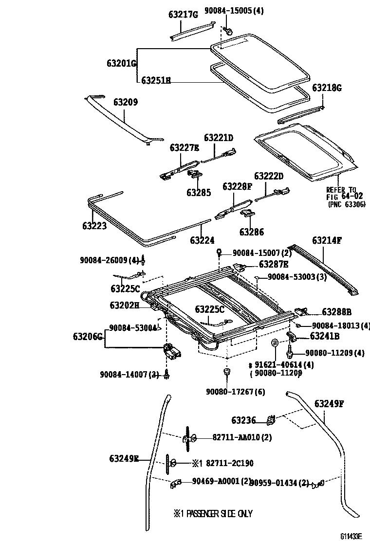 Toyota CAMRY 天窗板和背窗玻璃 EPC diagram — 611433E