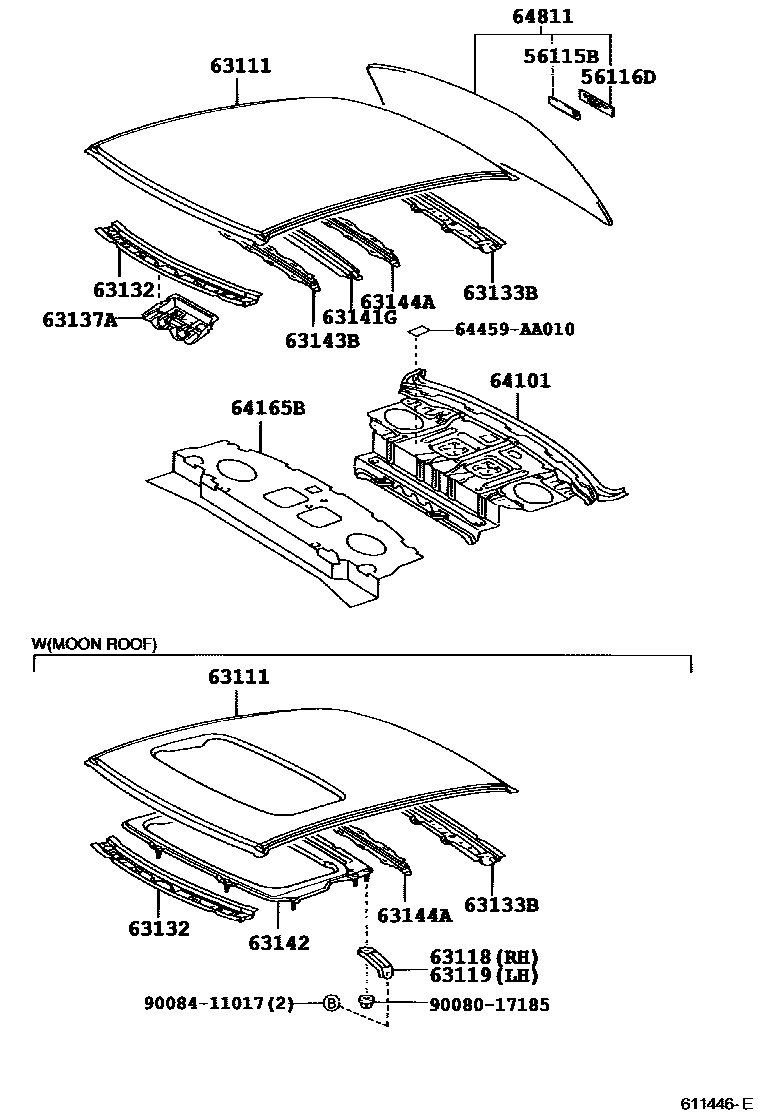 Toyota CAMRY 天窗板和背窗玻璃 EPC diagram — 611446E
