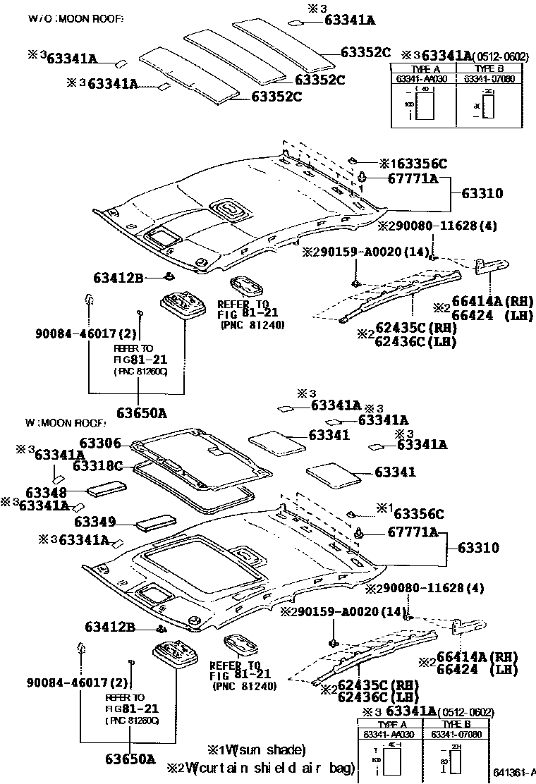 Toyota CAMRY 车顶内衬和消声垫 EPC diagram — 641361A