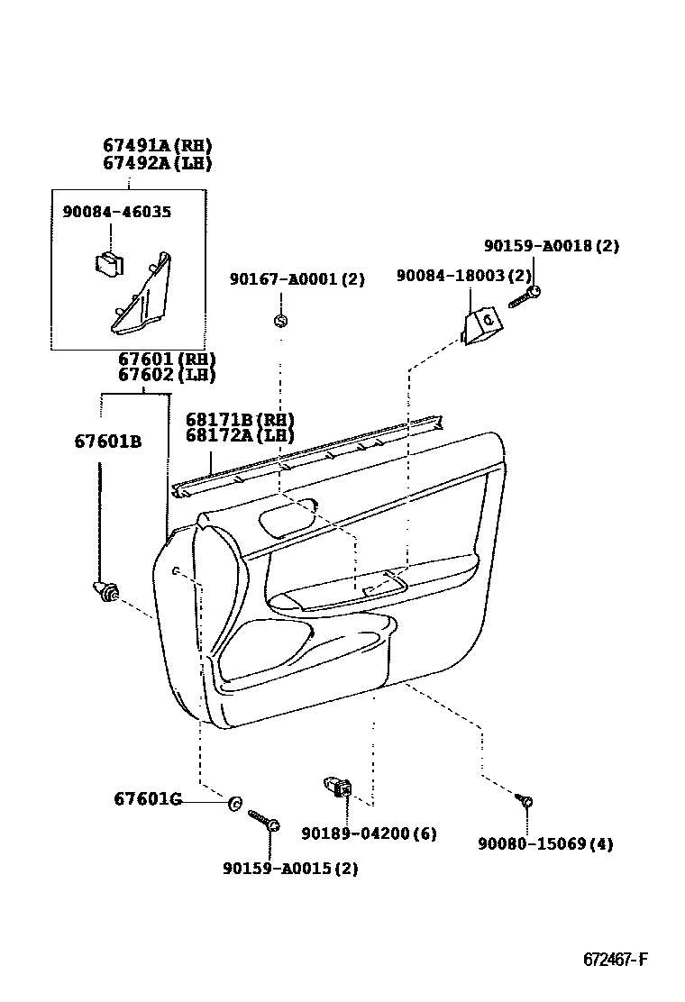 Toyota CAMRY 前门板和前门玻璃 EPC diagram — 672467F
