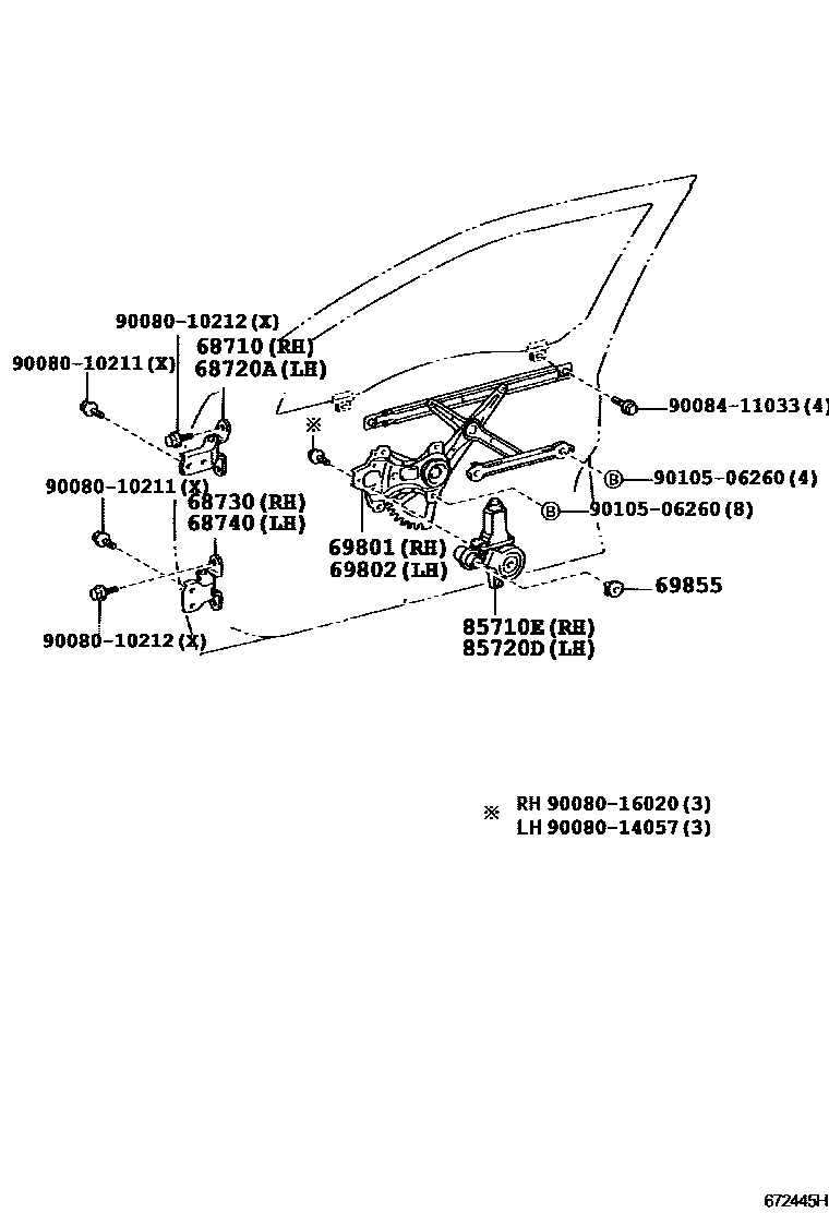 Toyota CAMRY 前门车窗升降器和合页 EPC diagram — 672445H