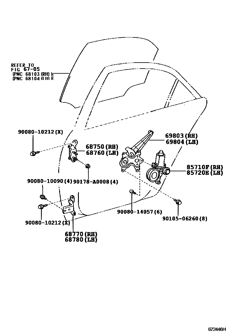 Toyota CAMRY 后门车窗升降器和合页 EPC diagram — 672446H