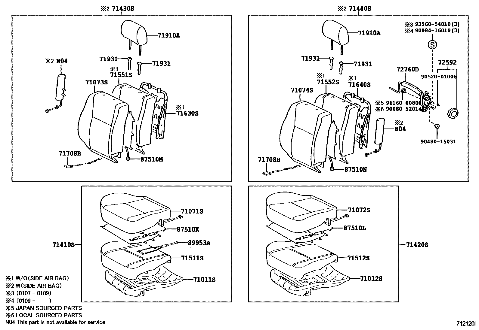 Toyota CAMRY 前排座椅和座椅滑轨 EPC diagram — 712120I