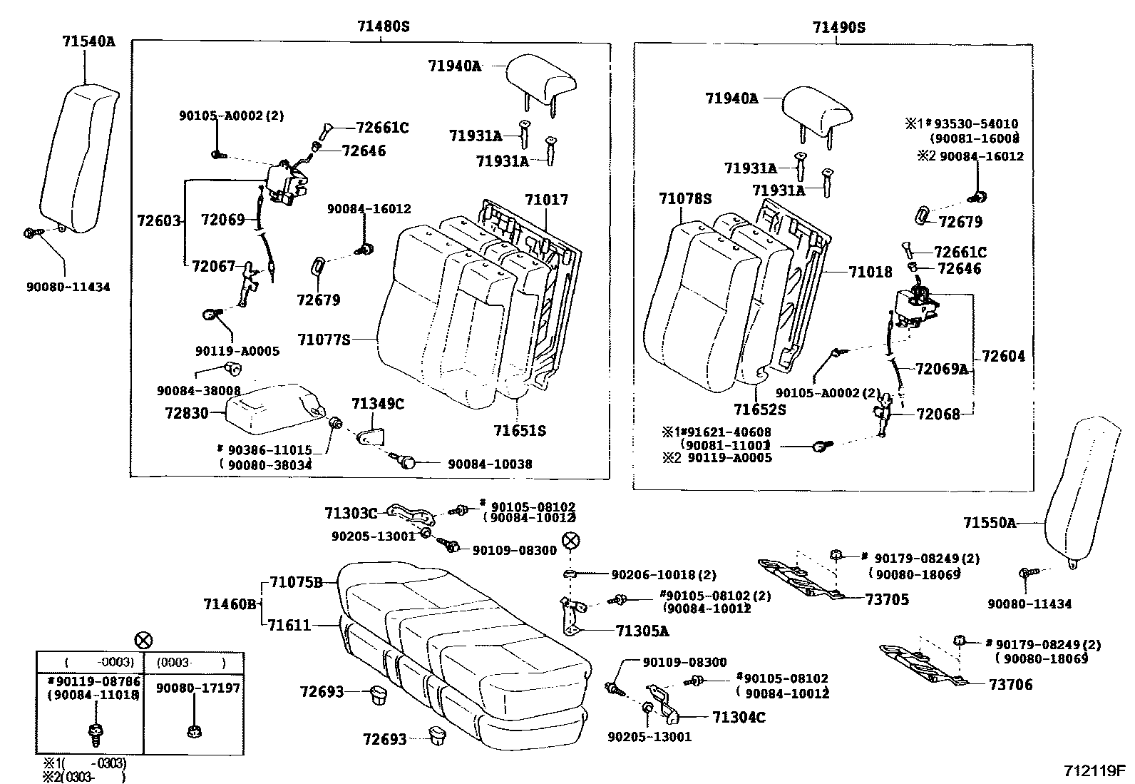 Toyota CAMRY 后排座椅和座椅滑轨 EPC diagram — 712119F