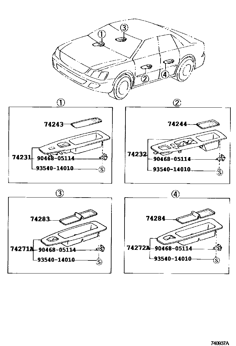 Toyota CAMRY 扶手和遮阳板 EPC diagram — 740937A