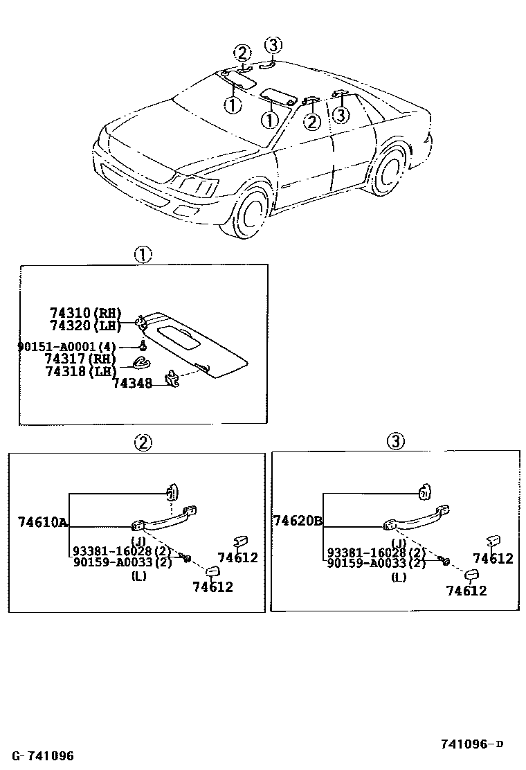 Toyota CAMRY 扶手和遮阳板 EPC diagram — 741096D