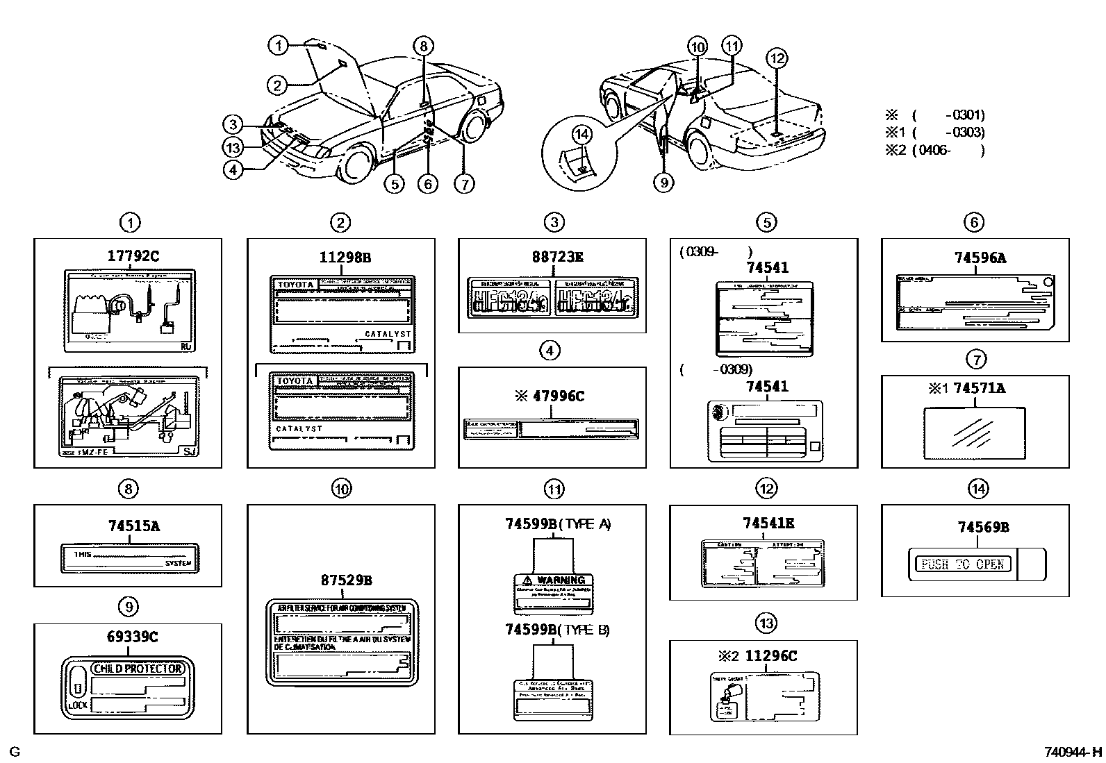 Toyota CAMRY 警示铭牌(车外和车内) EPC diagram — 740944H