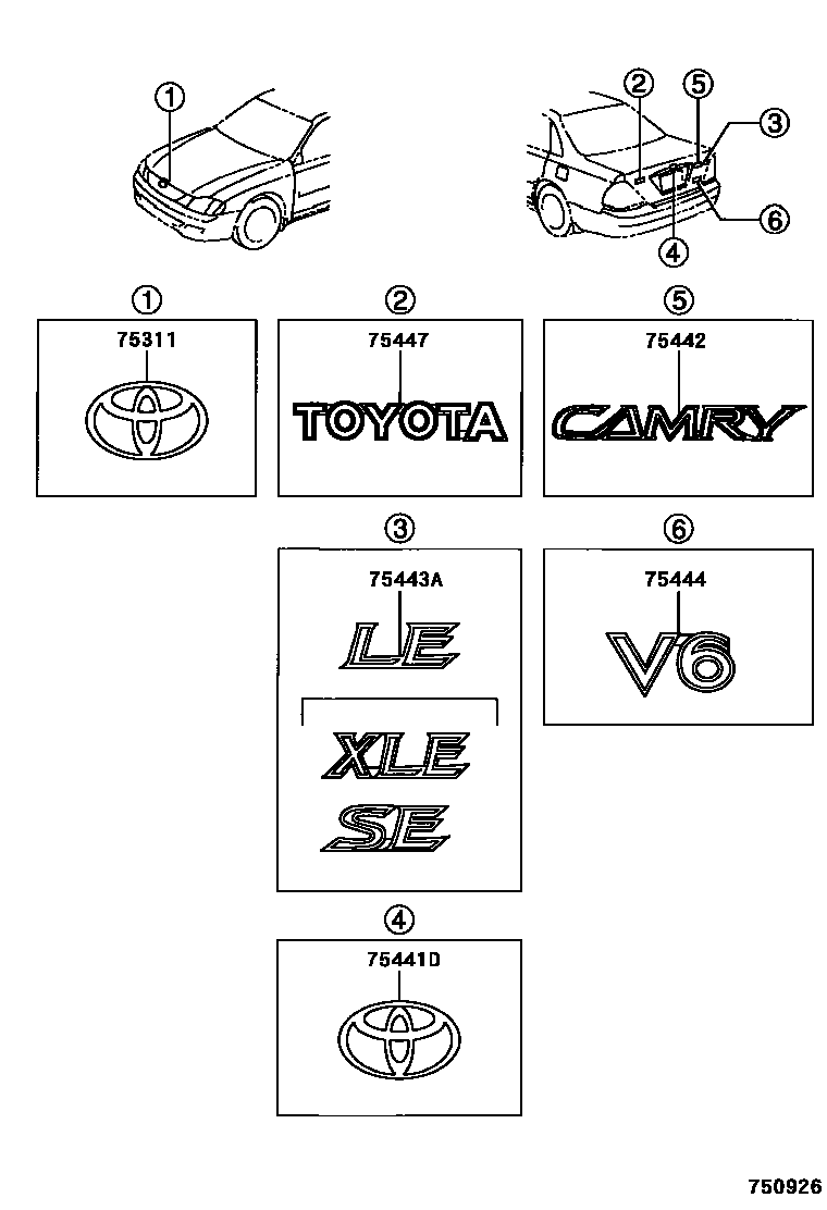 Toyota CAMRY 丰田徽标和铭牌(车外和车内) EPC diagram — 750926