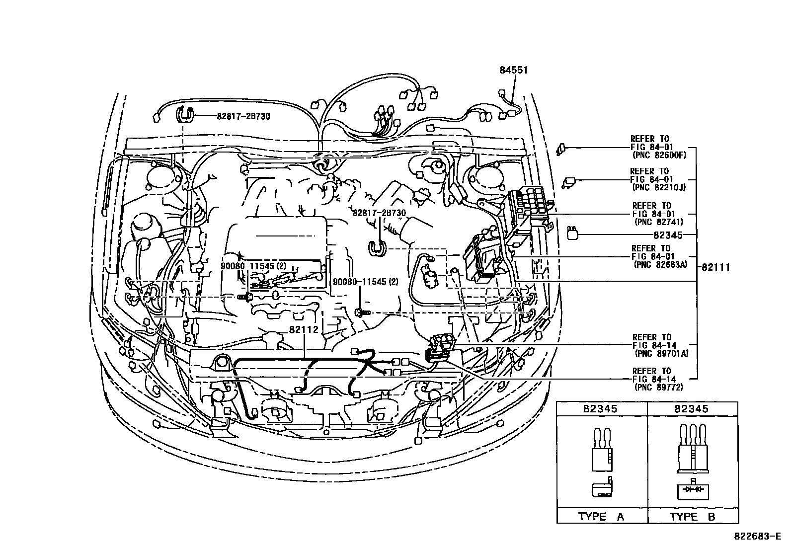 Toyota CAMRY 线束和卡夹 EPC diagram — 822683E