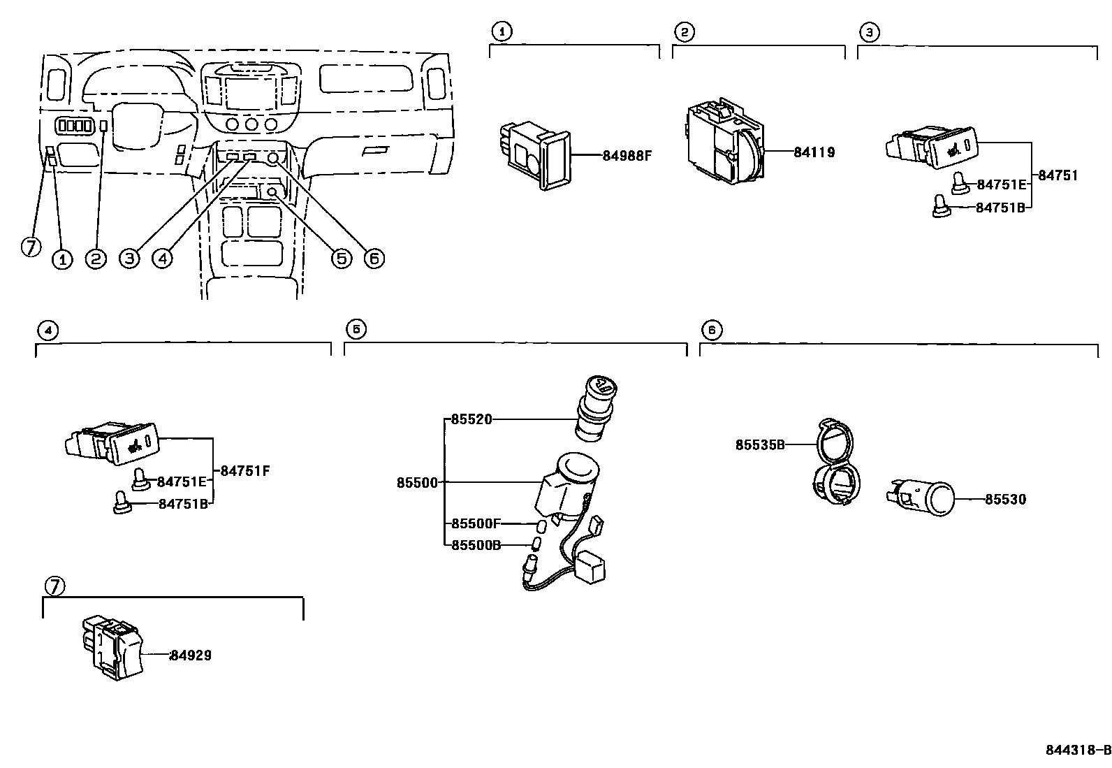 Toyota CAMRY 开关和继电器和ECU EPC diagram — 844318B