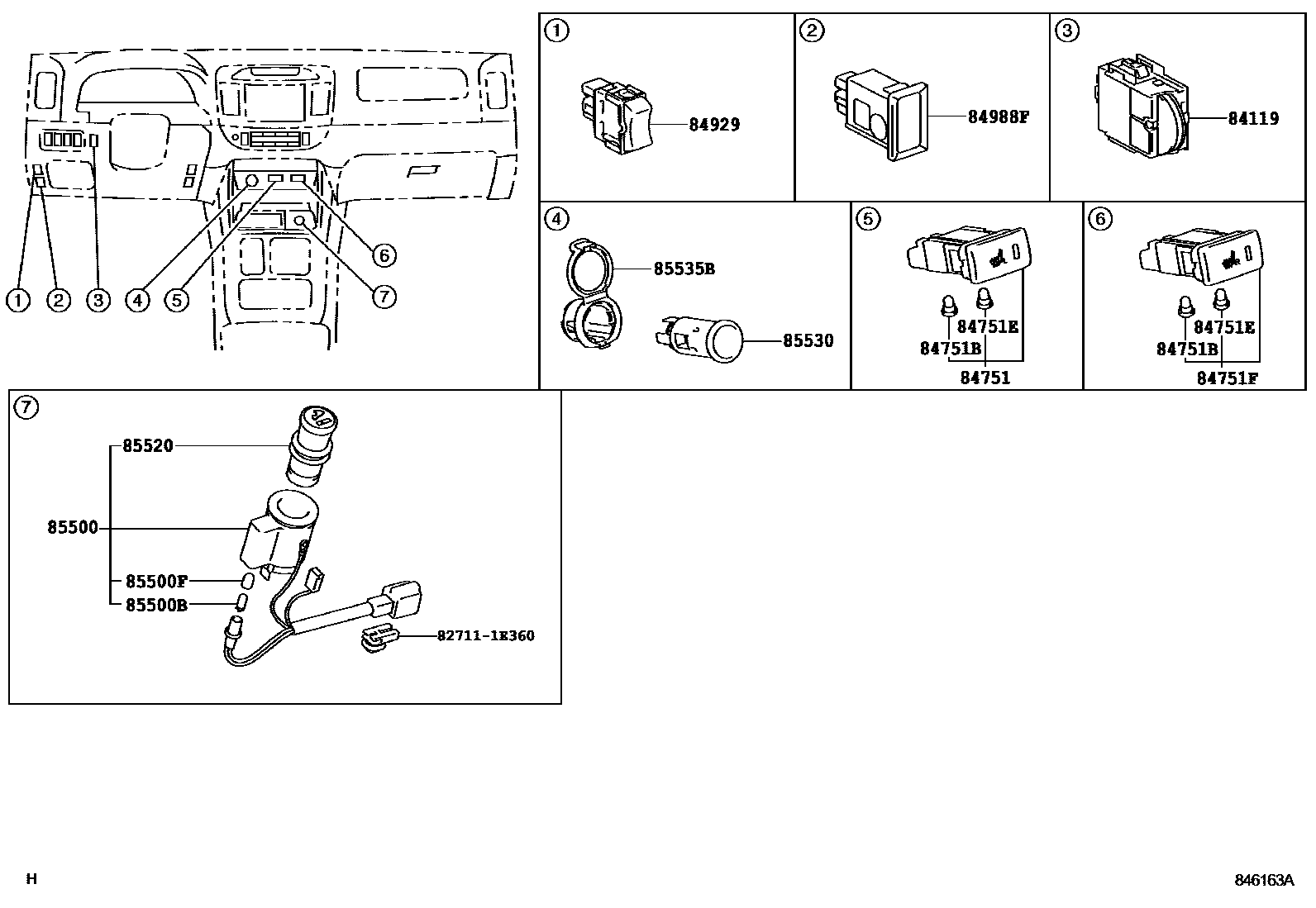 Toyota CAMRY 开关和继电器和ECU EPC diagram — 846163A