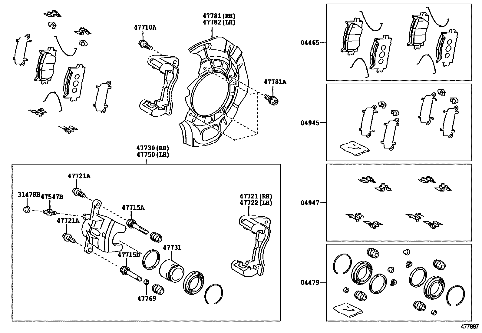 Toyota CAMRY 前盘式制动器卡钳和防尘罩 EPC diagram — 477887