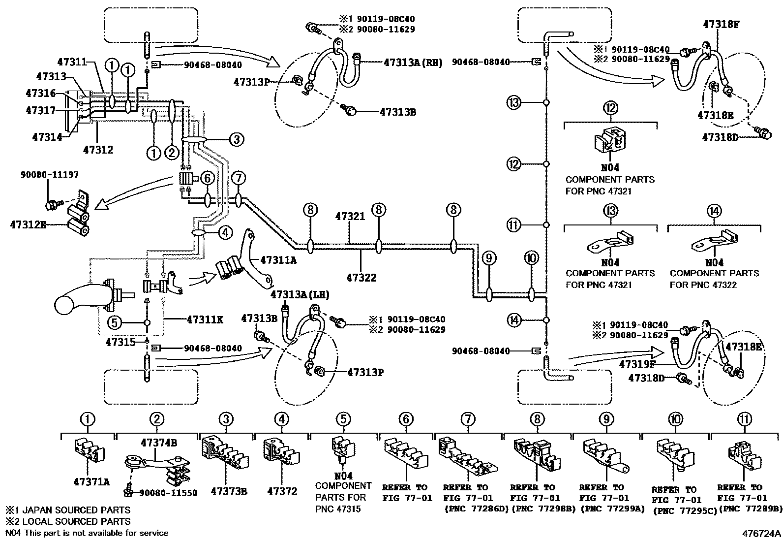 Toyota CAMRY 制动配管和卡箍 EPC diagram — 476724A