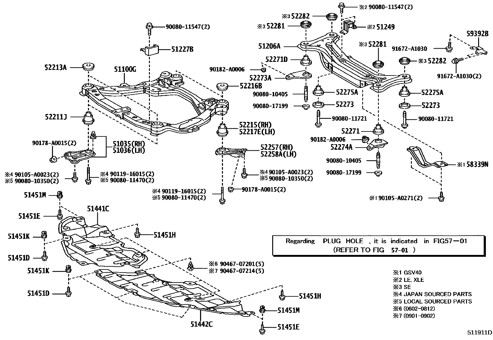 Toyota CAMRY 悬架横梁和发动机底罩 EPC diagram — 511911D