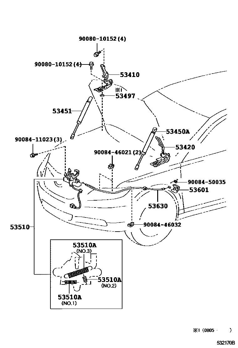 Toyota CAMRY 发动机盖锁和铰链 EPC diagram — 532170B