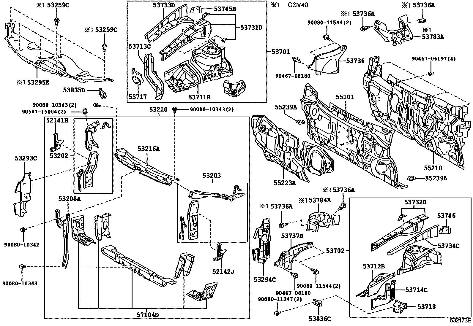 Toyota CAMRY 前翼子板挡泥板和前围板 EPC diagram — 532173E