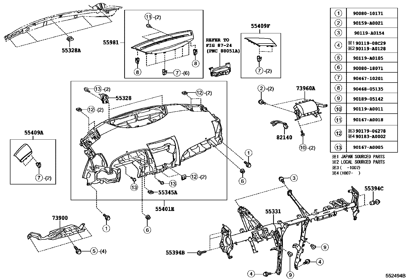 Toyota CAMRY 仪表板和手套箱 EPC diagram — 552494B
