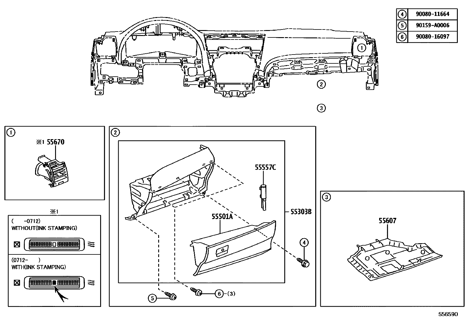 Toyota CAMRY 仪表板和手套箱 EPC diagram — 556590