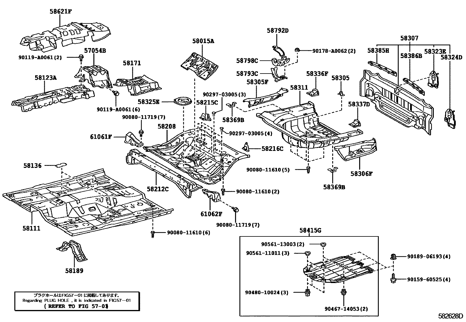 Toyota CAMRY 浅盘形地板和车身下背板 EPC diagram — 582628D