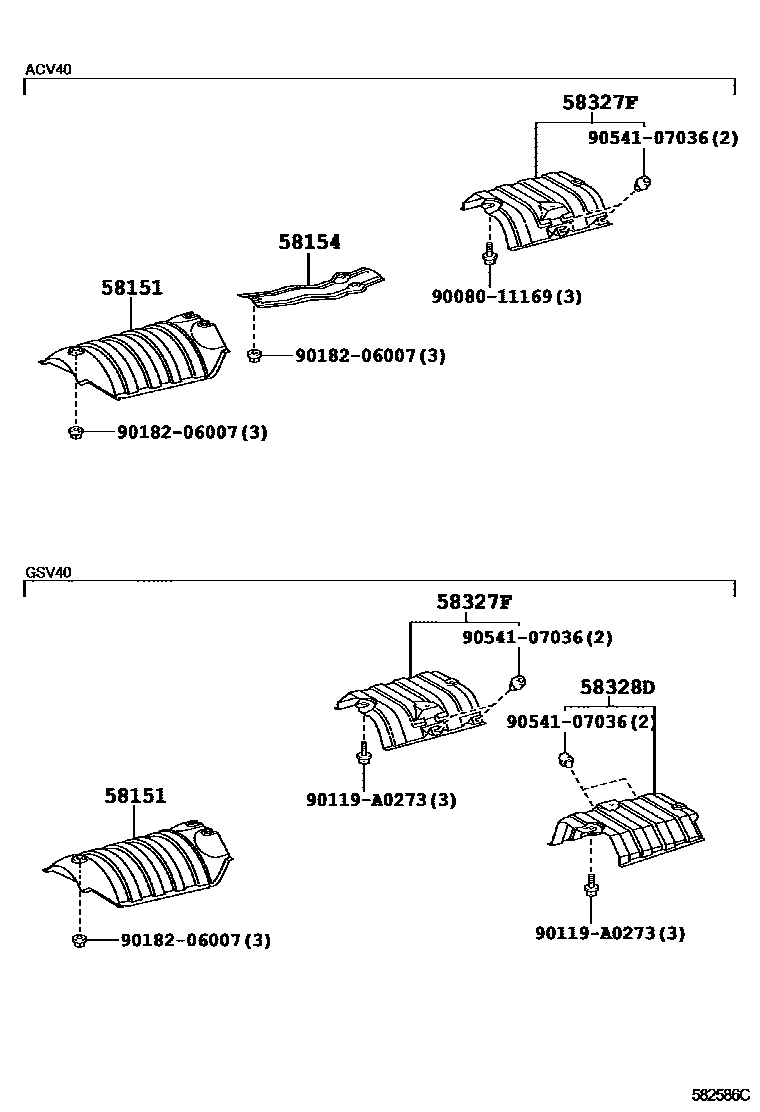 Toyota CAMRY 地板隔热垫 EPC diagram — 582586C