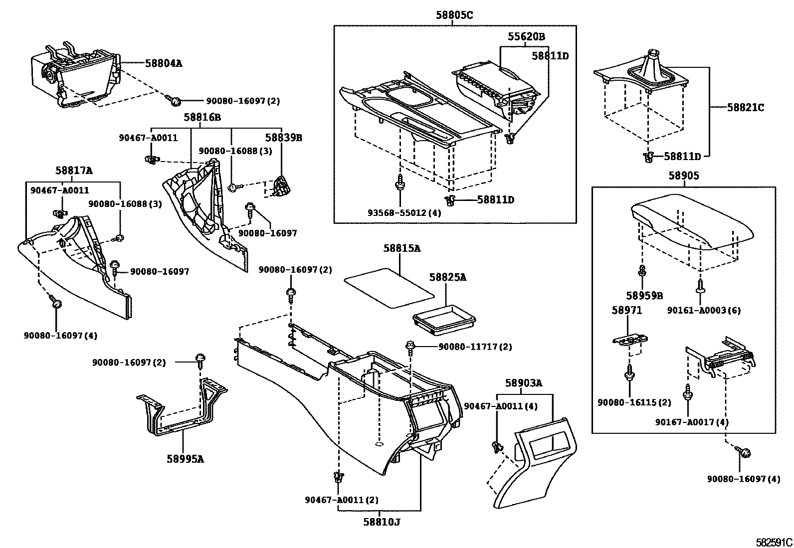 Toyota CAMRY 中央扶手箱和支架 EPC diagram — 582591C