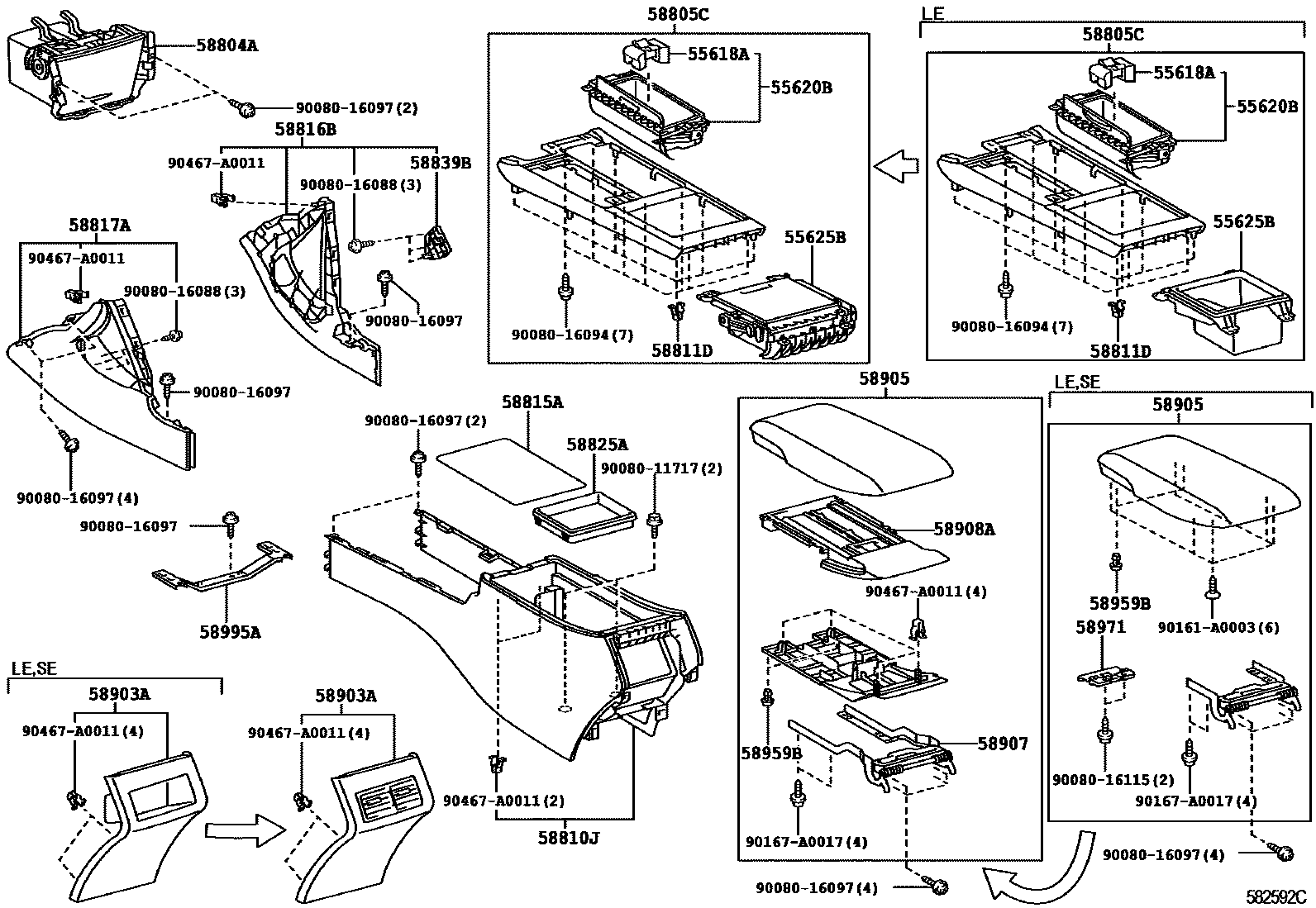 Toyota CAMRY 中央扶手箱和支架 EPC diagram — 582592C
