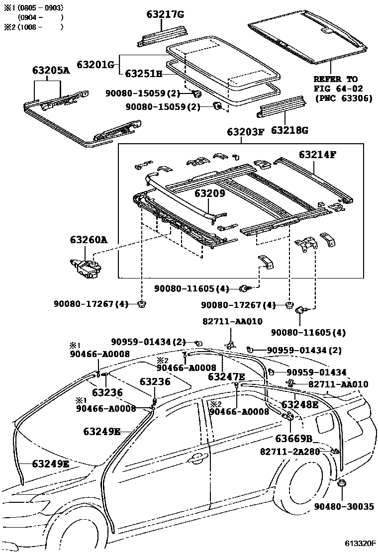 Toyota CAMRY 天窗板和背窗玻璃 EPC diagram — 613320F