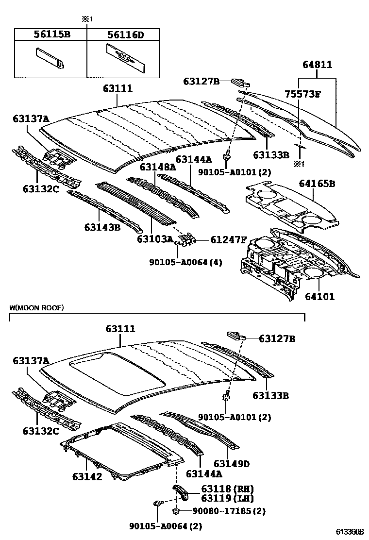 Toyota CAMRY 天窗板和背窗玻璃 EPC diagram — 613360B