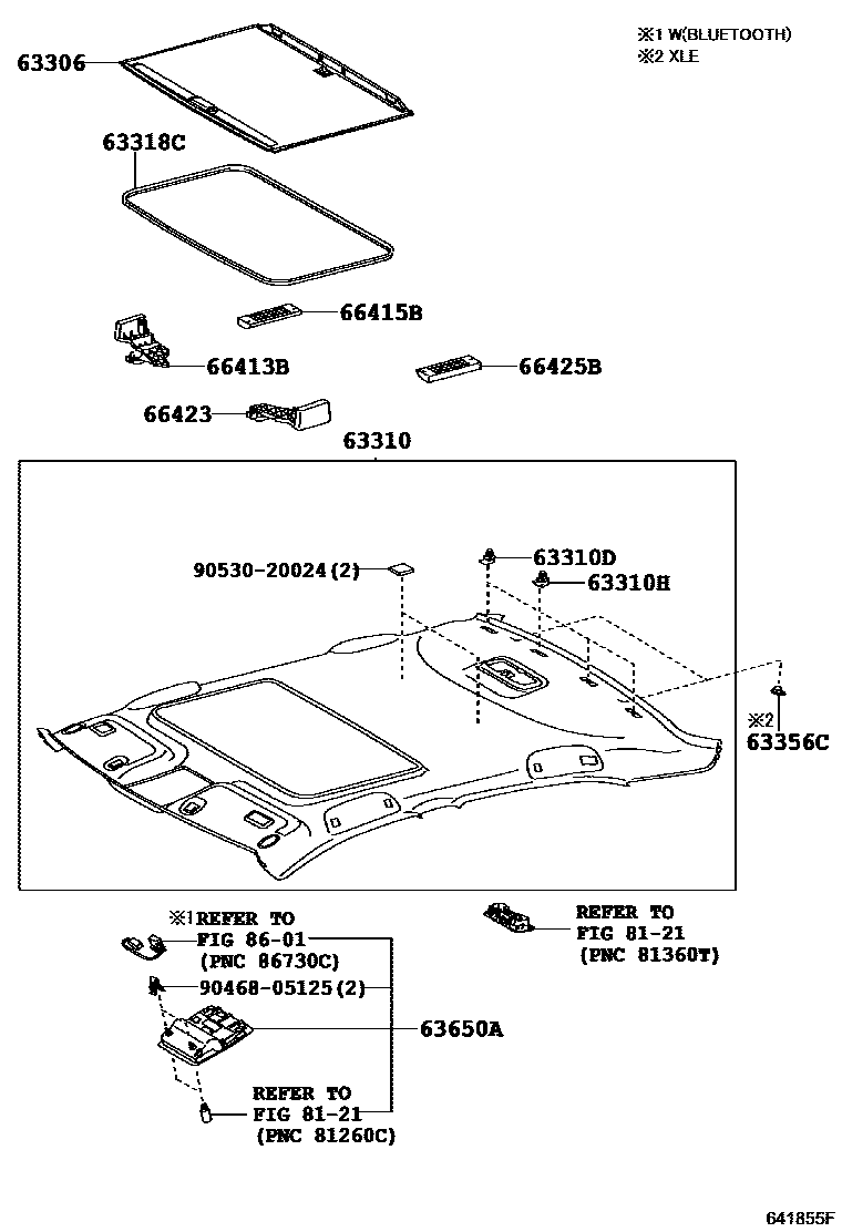 Toyota CAMRY 车顶内衬和消声垫 EPC diagram — 641855F
