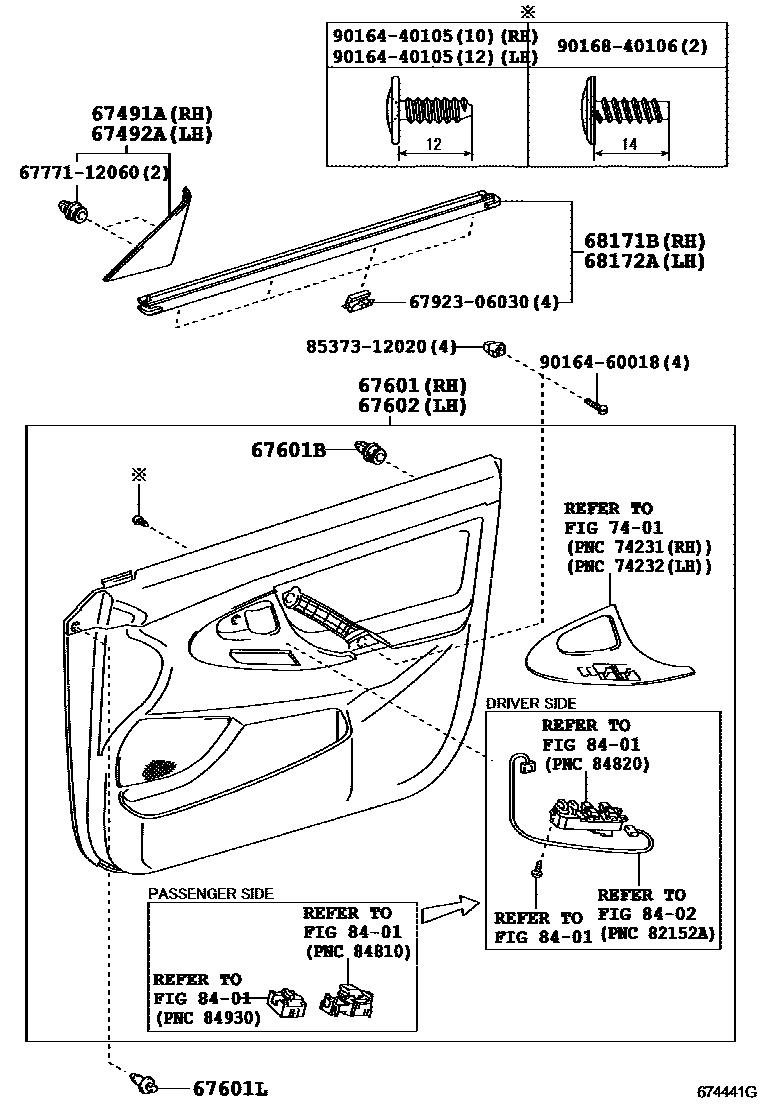 Toyota CAMRY 前门板和前门玻璃 EPC diagram — 674441G