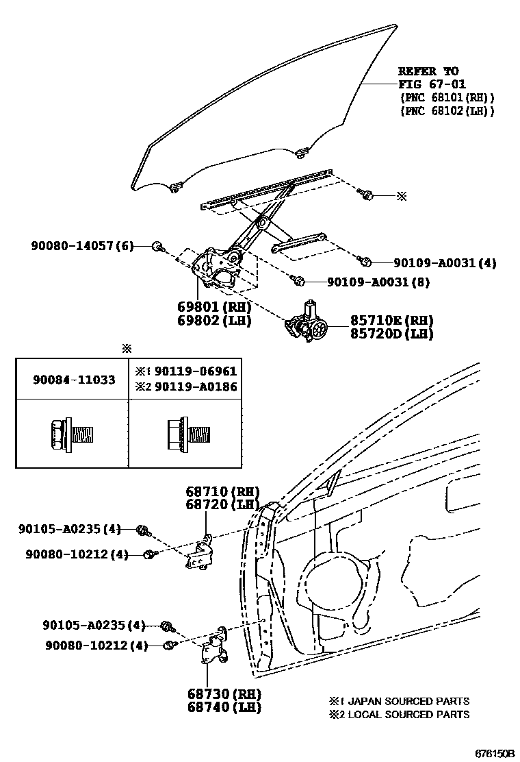 Toyota CAMRY 前门车窗升降器和合页 EPC diagram — 676150B
