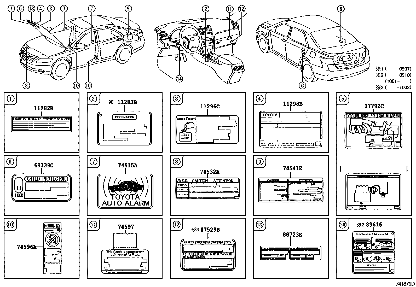 Toyota CAMRY 警示铭牌(车外和车内) EPC diagram — 741879D