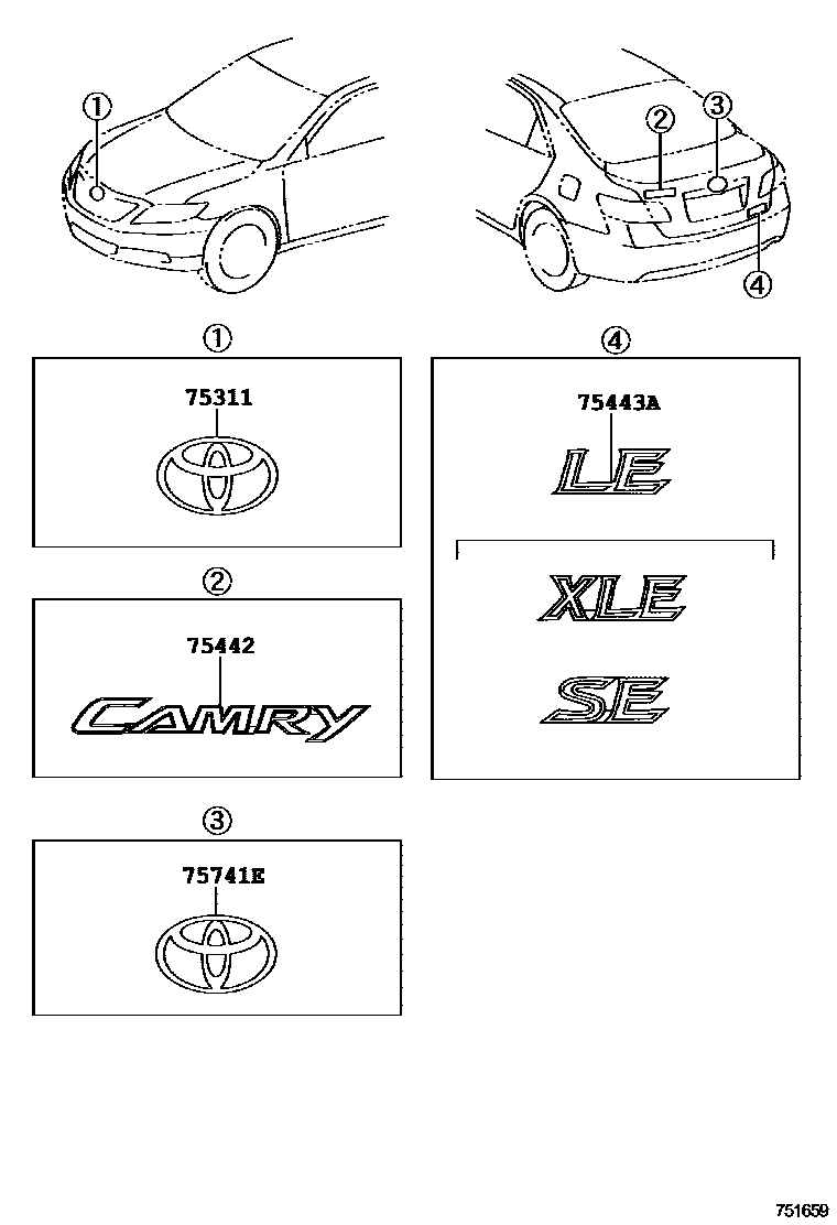 Toyota CAMRY 丰田徽标和铭牌(车外和车内) EPC diagram — 751659