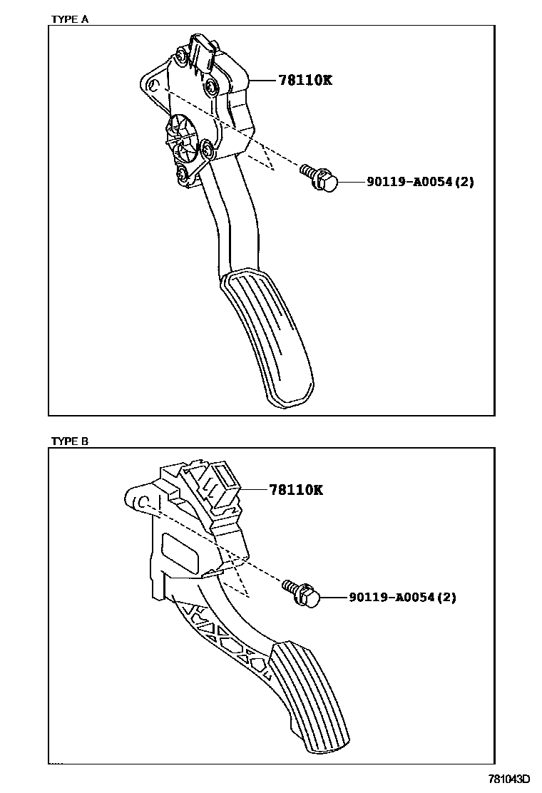 Toyota CAMRY accelerator pedal connecting rod EPC diagram — 781043D