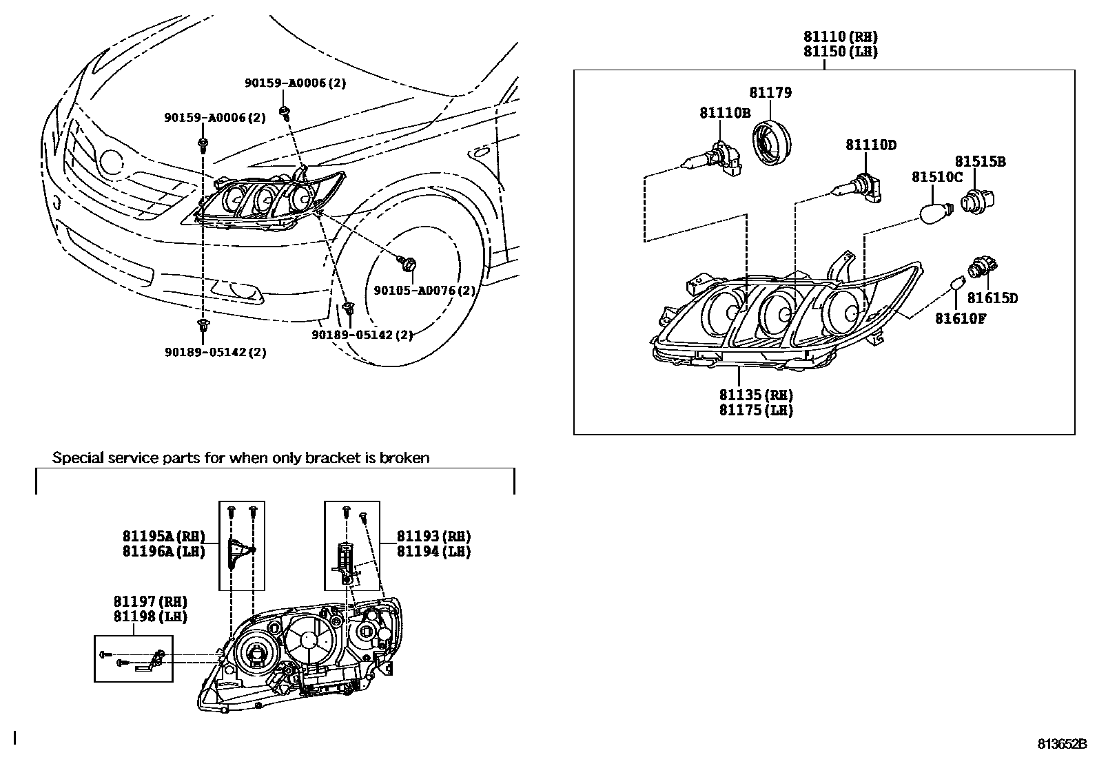 Toyota CAMRY Headlamp EPC diagram — 813652B
