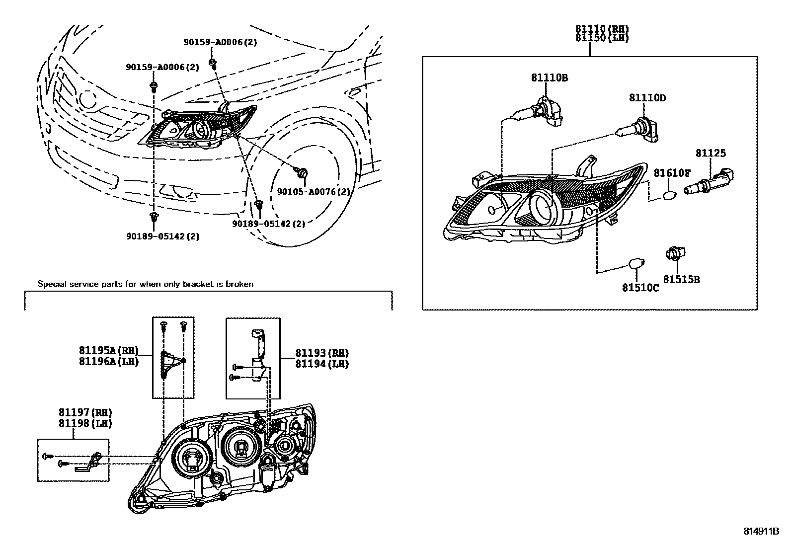 Toyota CAMRY Headlamp EPC diagram — 814911B