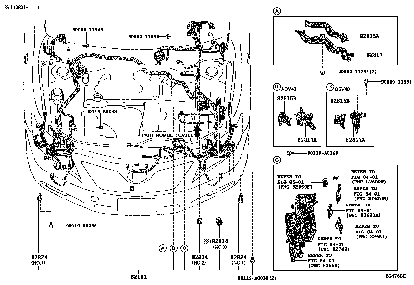 Toyota CAMRY 线束和卡夹 EPC diagram — 824768E