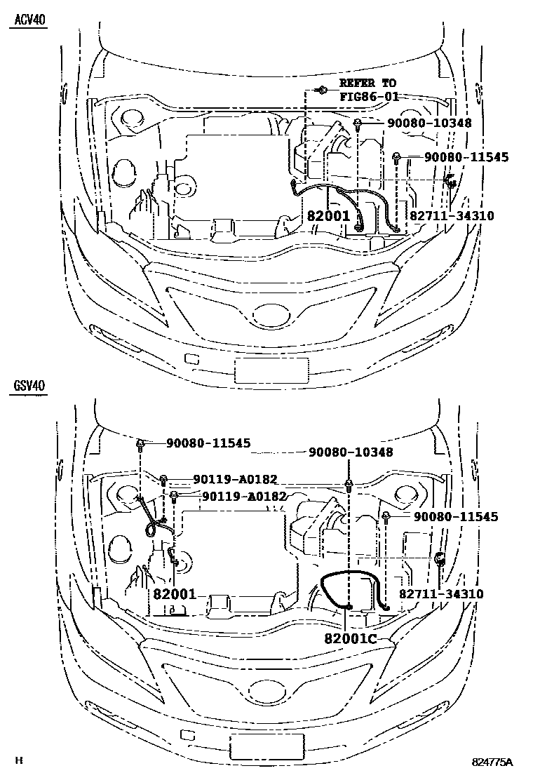Toyota CAMRY 线束和卡夹 EPC diagram — 824775A