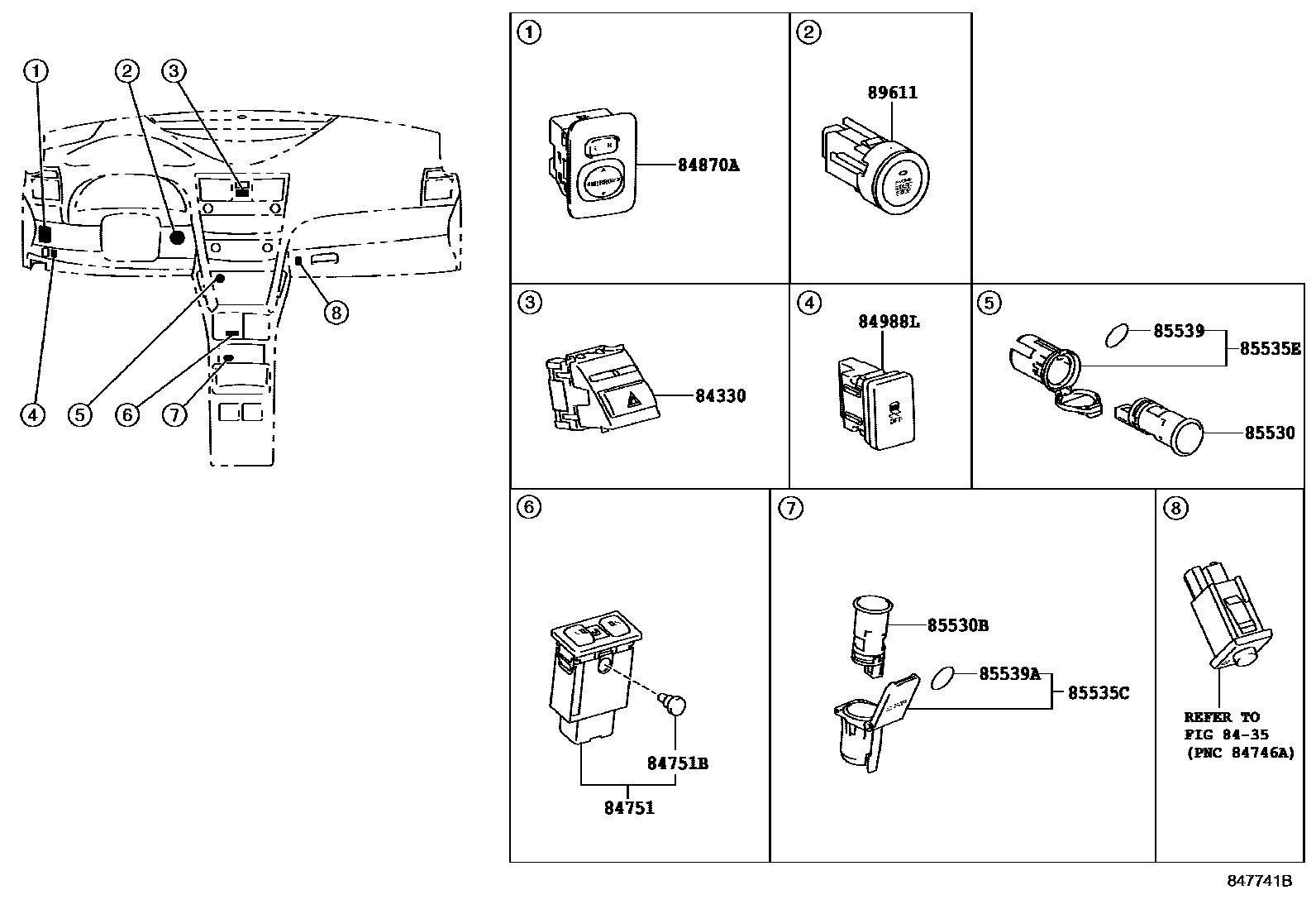 Toyota CAMRY 开关和继电器和ECU EPC diagram — 847741B