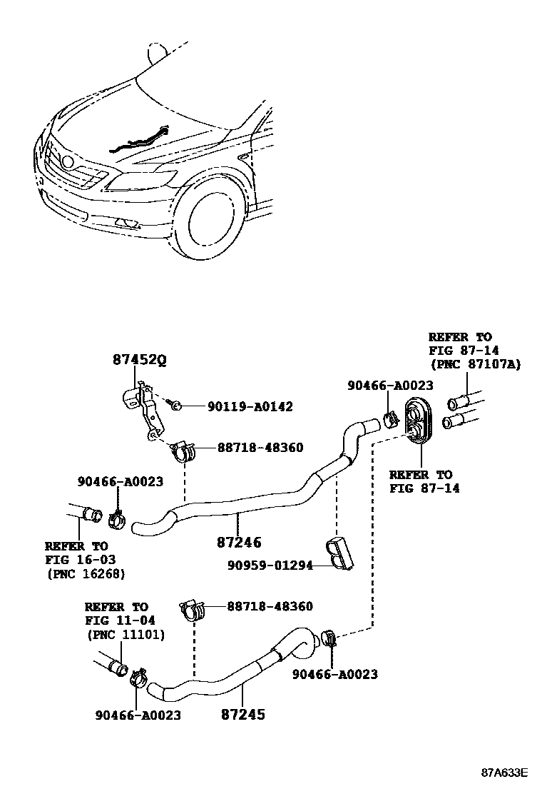 Toyota CAMRY 暖风和空调系统 - 水管 EPC diagram — 87A633E